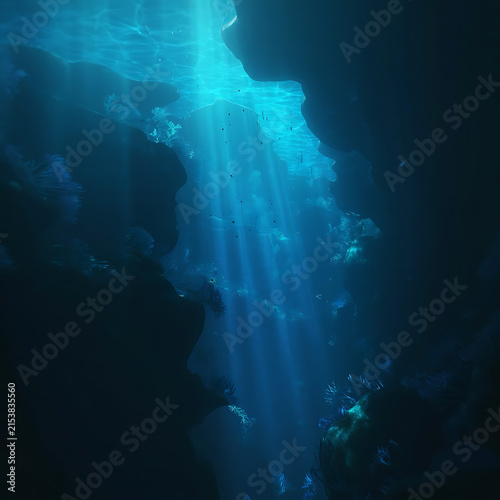 Deep Ocean Underwater Scene with Sunlight Rays Shining Through Blue Water