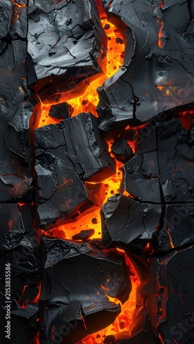 Jagged, dark rocks split, revealing bright orange molten core