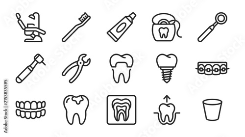 Set of dental and oral care icons representing professional clinic equipment and teeth health maintenance tools
