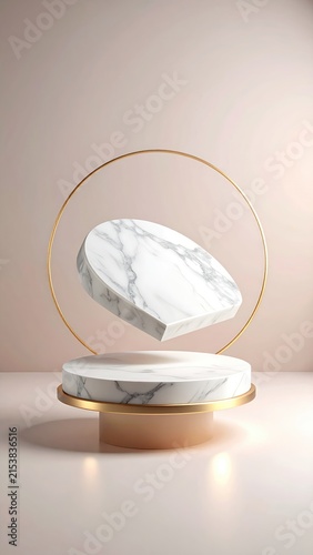 Floating marble platform w/ gold ring & pedestal against pink backdrop