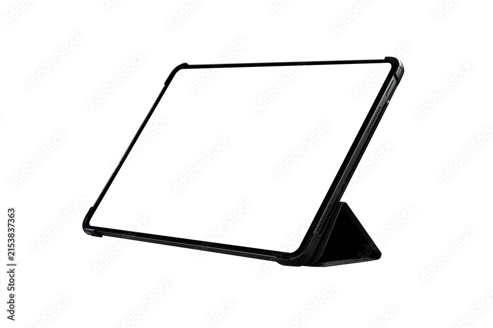 Obraz premium Blank modern tablet computer mockup with black stand case in angled view isolated on white background