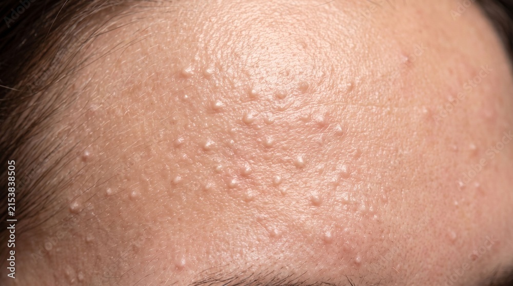Fototapeta premium Extreme macro view of closed comedones and bumps on forehead skin