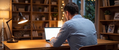 Man working on a laptop in a cozy home library with warm lighting with library bookshelves framed framed photos decorative wooden desk working