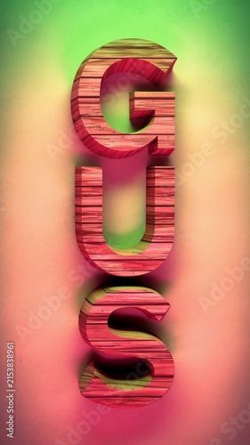 Wooden letters spelling GUS stand vertically against a gradient background, illuminated by soft light, creating a visually striking typographic composition.
