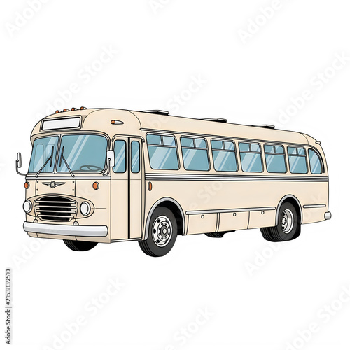 Modern white passenger bus with blue stripes driving on road