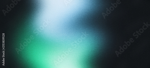 Glowing grainy background, light blue green abstract noisy shape on black backdrop, dark vibrant noise texture header, banner, poster or wallpaper design