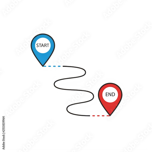Two location pins connected by a wavy route line on a clean background