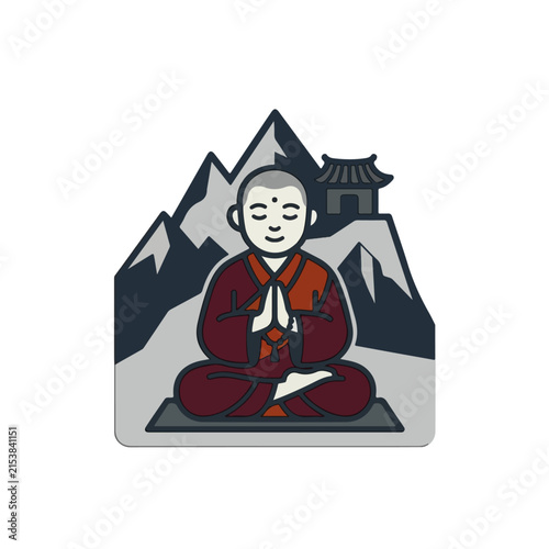 Buddhist Monk Meditating in Mountain Landscape Vector Illustration