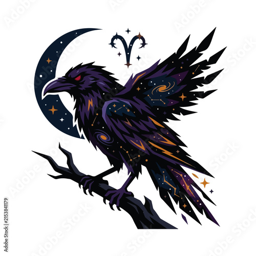 Celestial Raven Zodiac Aries Crescent Moon Vector Graphic