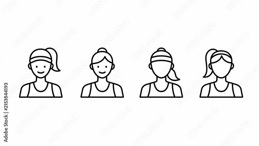 Fototapeta premium Set of four diverse female athlete avatars in a minimalist linear vector style for fitness and sport design projects