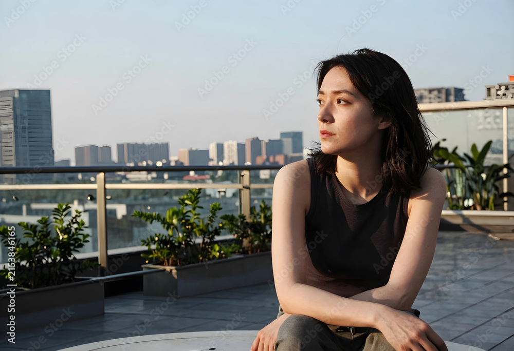 Fototapeta premium Thoughtful young asian woman looking away on a rooftop terrace with city skyline in background during golden hour, the urban landscape provides a modern backdrop for this peaceful outdoor setting