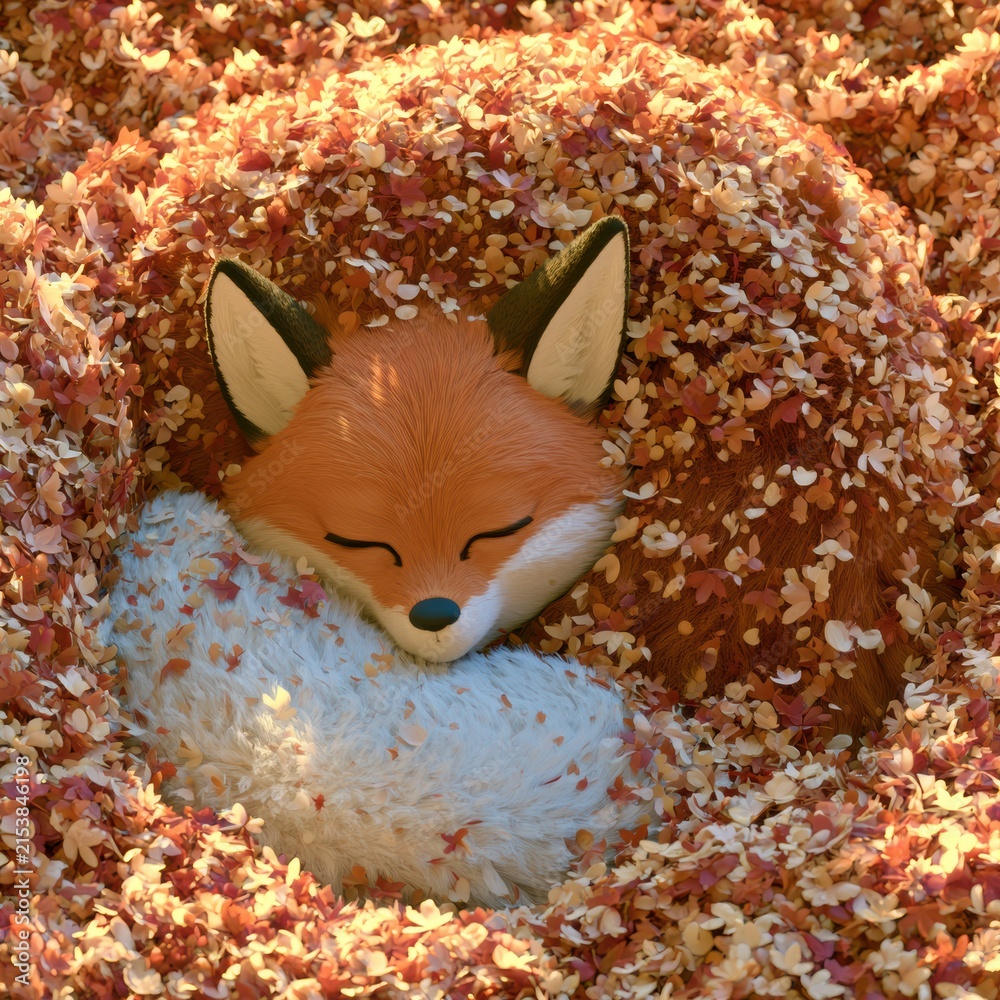 Naklejka premium A cute fox character is curled up and napping among colorful leaves in a natural setting during autumn.