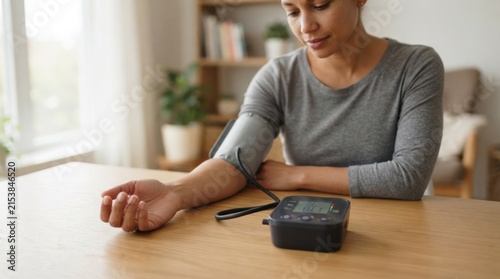 Young woman measuring her blood pressure at home with digital monitor for health tracking and preventive care