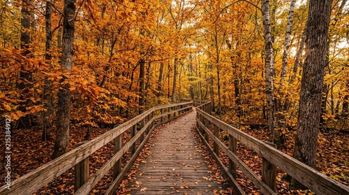 Wooden boardwalk winding through vibrant autumn forest with orange with colors autumn foliage forest ablaze warm boardwalk curving captures wooden seasonality environment seasonable seasonally