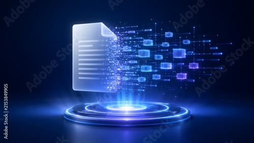 Futuristic 3D hologram of a digital document breaking into data blocks symbolizing digital transformation and blockchain technology.