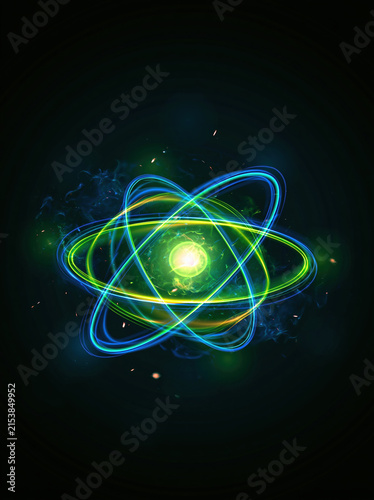 Glowing Atom with Blue and Green Electron Orbits and Energy Core on Black Background