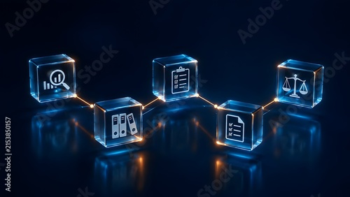 Glowing digital glass cubes linked in a chain with legal and audit icons representing corporate compliance business workflow and legal technology.