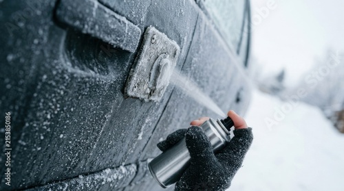 Person spraying deicer on frozen car lock in winter morning cold weather