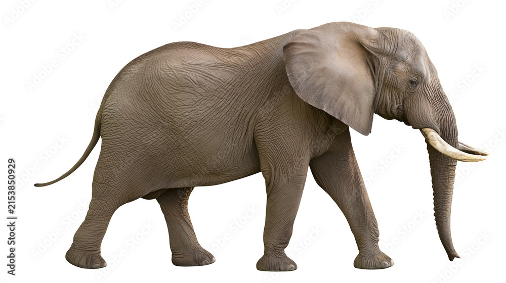 Obraz premium African elephant with large tusks walking, isolated on transparent background