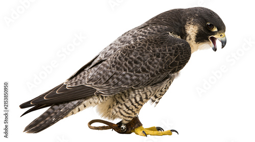 Peregrine falcon with leather jesses and hood, isolated on transparent background