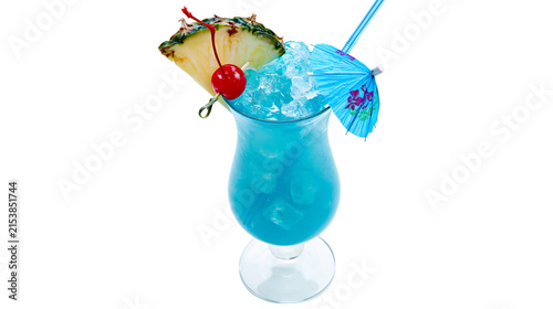 Bild auf Leinwand Blue tropical cocktail with pineapple slice cherry and umbrella, isolated on tra
