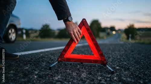 Man setting up a red emergency warning triangle on the side of a country road after car breakdown