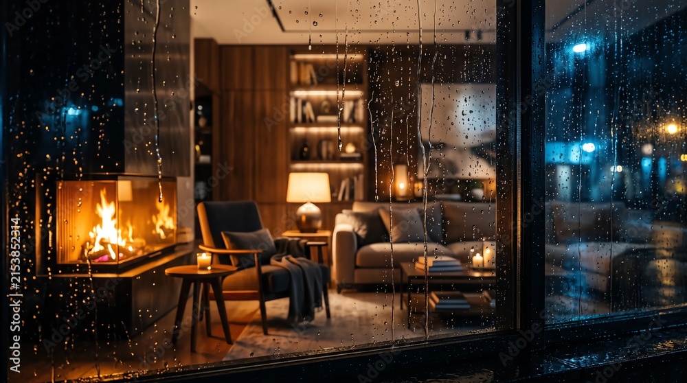 Fototapeta premium Rain on a window glass pane showing a blurred view of a cozy living room interior with a fireplace