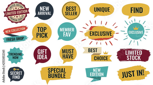 Collection of Colorful Promotional Badges and Decorative Sale Marketing Labels for Retail Advertising and E-commerce Product Campaigns