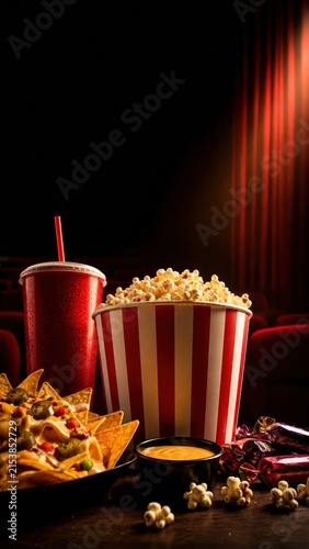 Popcorn Bucket with Nachos and Soda for Vertical Cinema Video