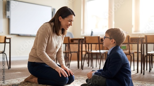 Smiling female teacher kneeling on a classroom rug and gently talking face-to-face with a young schoolboy in uniform wearing glasses.