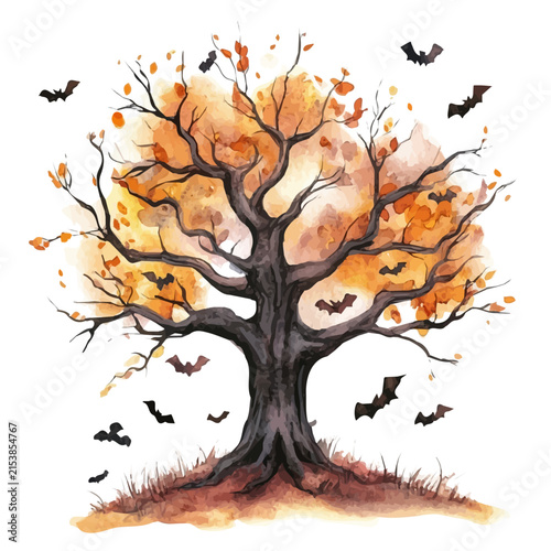 Halloween Tree, cute watercolor illustration with intricate patterns and vibrant splashes, isolated on a white background.