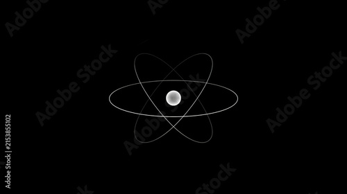 Minimalist Atom Symbol with White Orbital Rings and Nucleus on Black Background