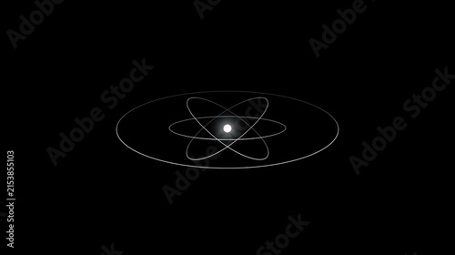 Minimalist Atom Symbol with White Orbital Rings and Nucleus on Black Background