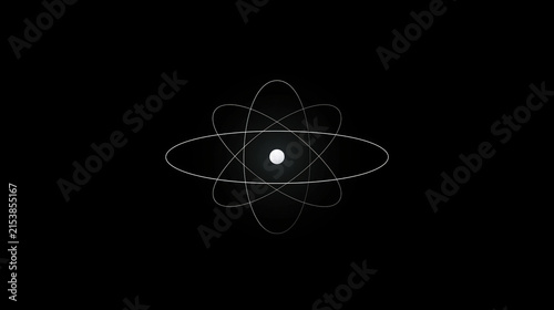 Minimalist Atom Symbol with White Orbital Rings and Nucleus on Black Background
