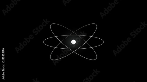 Minimalist Atom Symbol with White Orbital Rings and Nucleus on Black Background