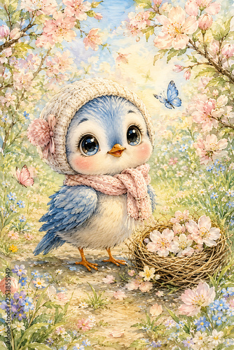 Cute Blue Bird Among Spring Blossoms and Butterflies