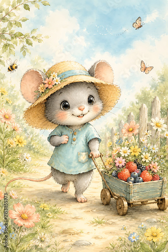 Cute Mouse Pulling a Berry Cart Through Summer Garden