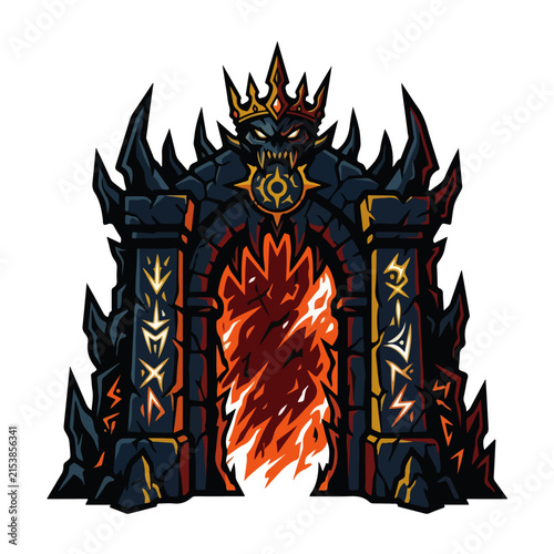 Fantasy Dark Portal Gate Vector Illustration with Fire and Runes