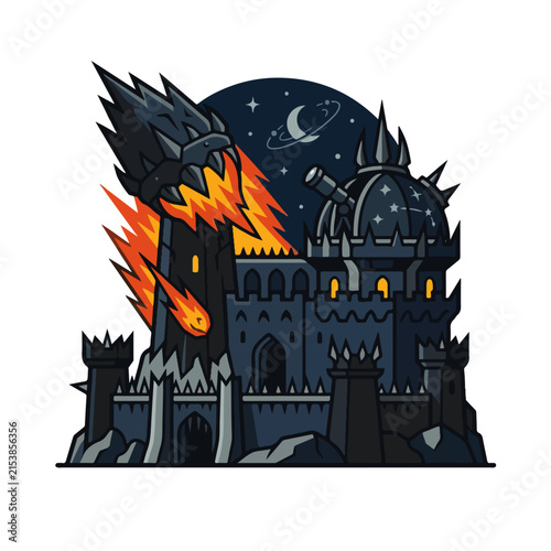 Fantasy Dark Castle Burning Tower Vector Illustration for Gaming Design