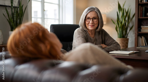 Compassionate senior female therapist listening attentively to a patient lying on a leather couch during a psychotherapy session.