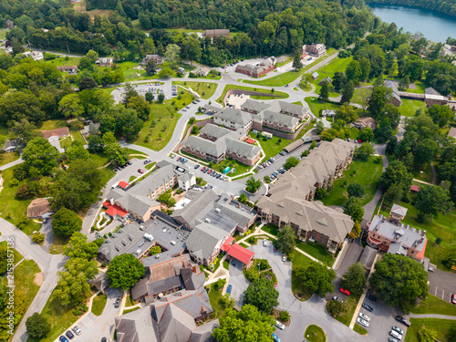 Aerial view of elderly care community senior living facility and retirement campus buildings