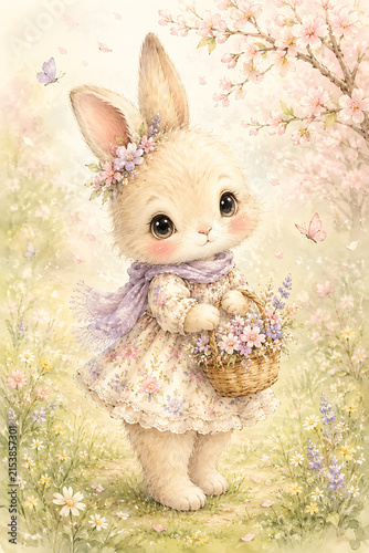 Adorable Spring Bunny With Flower Basket and Blossoms