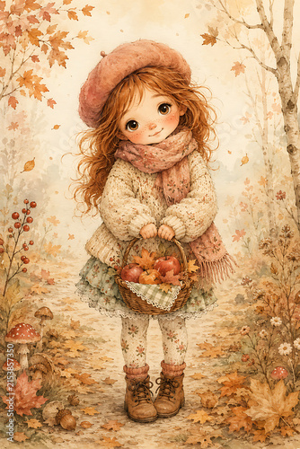 Cute Redhead Girl With Apple Basket in Autumn Forest