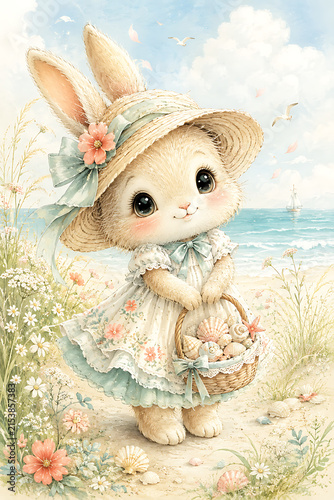 Cute Beach Bunny With Seashell Basket in Summer