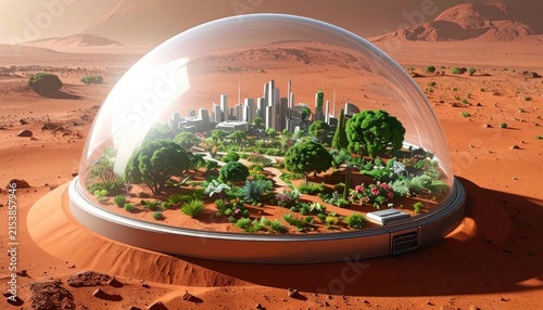 Futuristic eco city on Mars planet.