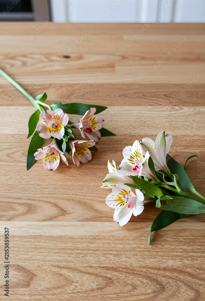Obraz premium Pink and white alstroemeria flowers with green leaves on a light wooden table, natural floral decoration, the natural floral decoration provides a fresh and elegant aesthetic