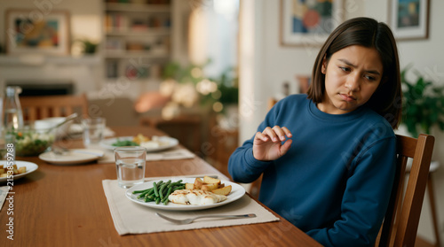 Young girl refusing to eat healthy food at the dining table. Picky eater teenager rejecting meal of fish and vegetables. Stubborn adolescent behavior during family dinner
