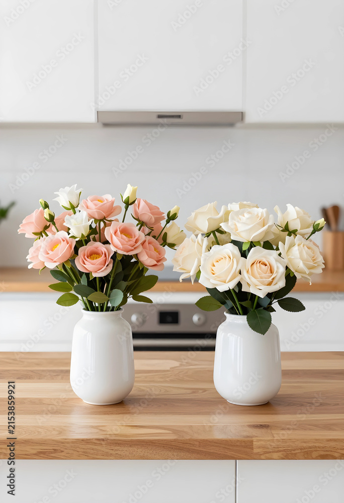 Obraz premium Two white vases with pink and cream roses on a wooden kitchen counter, home decor and interior design concept, this floral arrangement adds a touch of elegance and freshness to the home decor