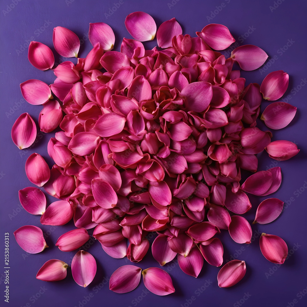 Fototapeta premium Pink flower petals scattered on a purple background romance beauty and natural elegance for decorative designs, the soft delicate petals offer a fresh and organic feel various design applications