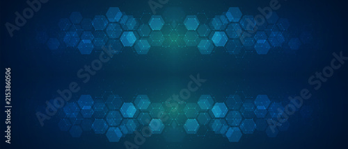 Fotografie Abstract blue background featuring glowing geometric hexagons with connected lin